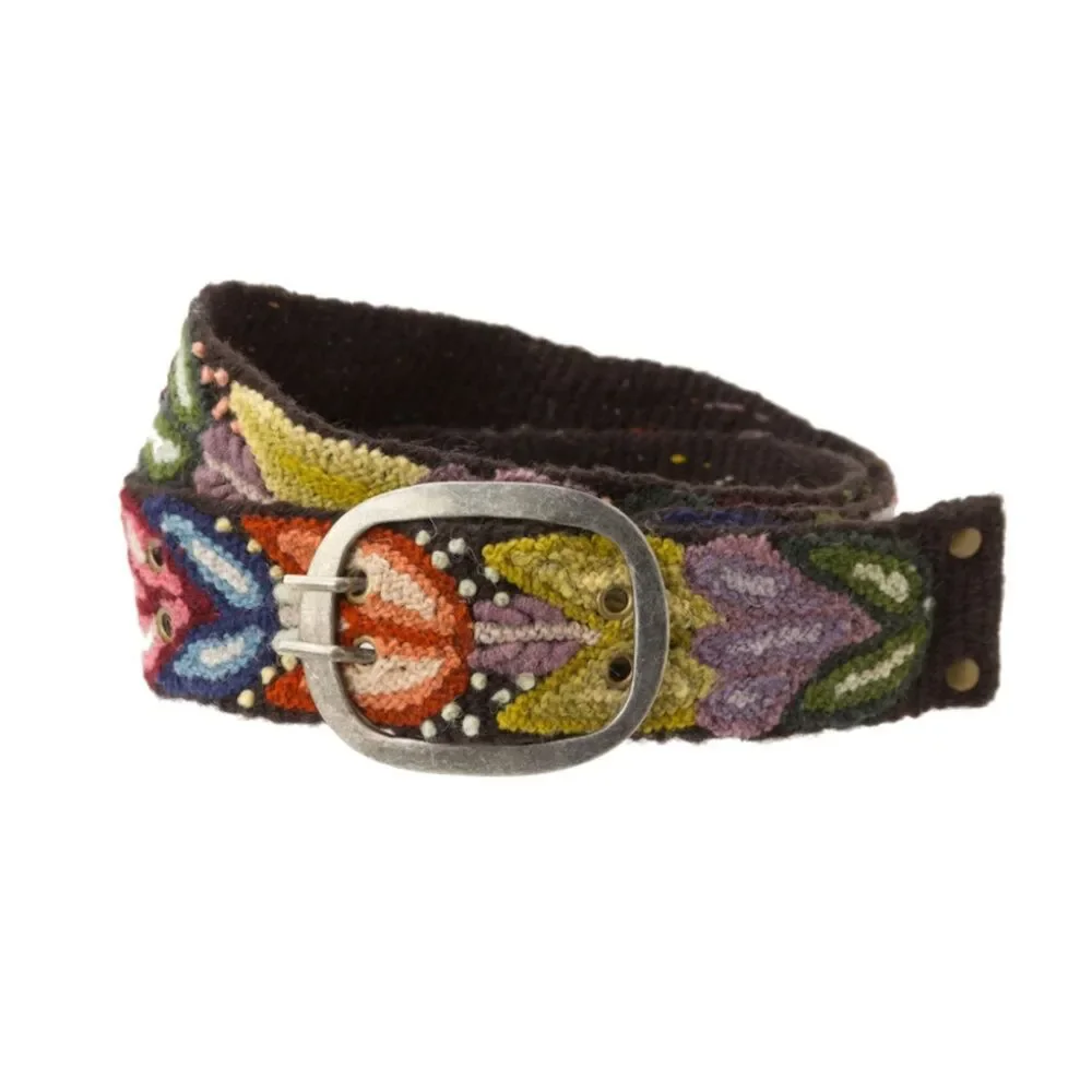 Peruvian Needlepoint Wool Wide Belt Size M Colorful Floral Purple Gold Blue Pink